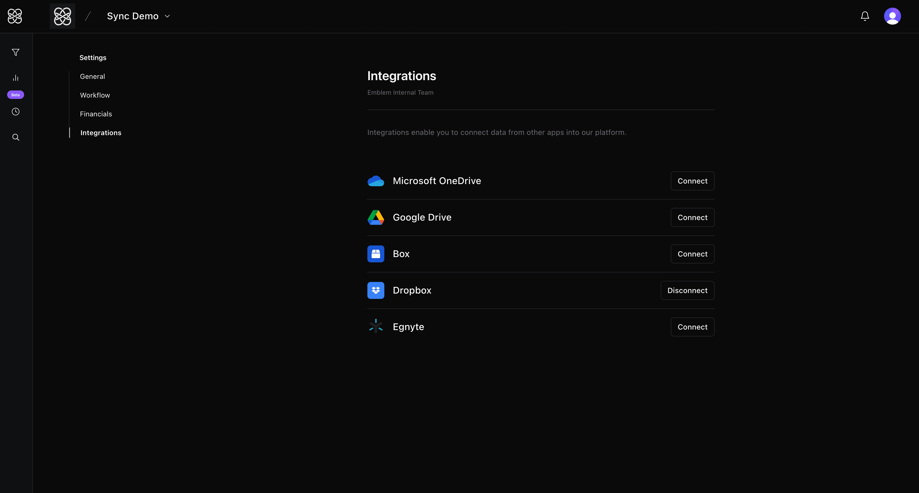 Emblem Integrations Settings